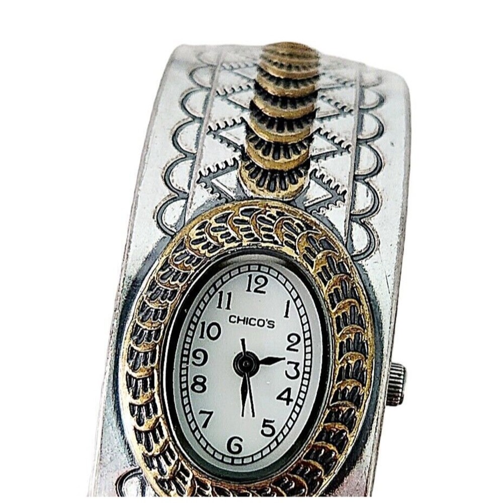 Chicos Silver & Gold Tone Hinged Cuff Bracelet Watch